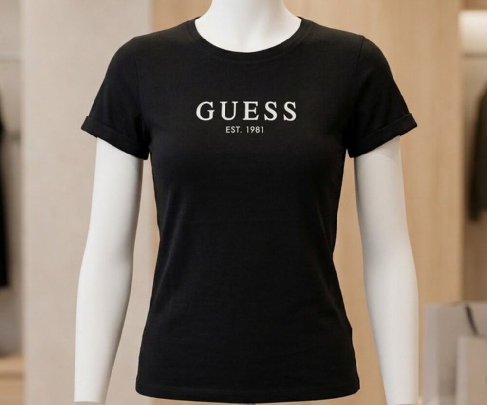GUESS Logo Graphic T-Shirt Women’s L Black Cotton Regular Fit Streetwear Casual